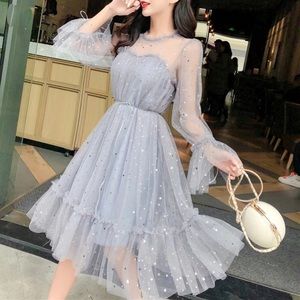 NWOT. Dress fairy mesh Ruffle blue sequin stars moon